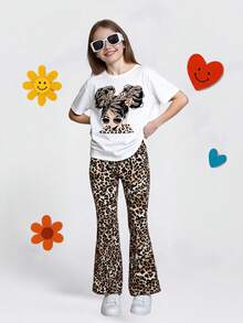 GraphicGems 2pcs/Set Tween Girls Leopard Print Short Sleeve T-Shirt And Pants - Multicolor - View 1