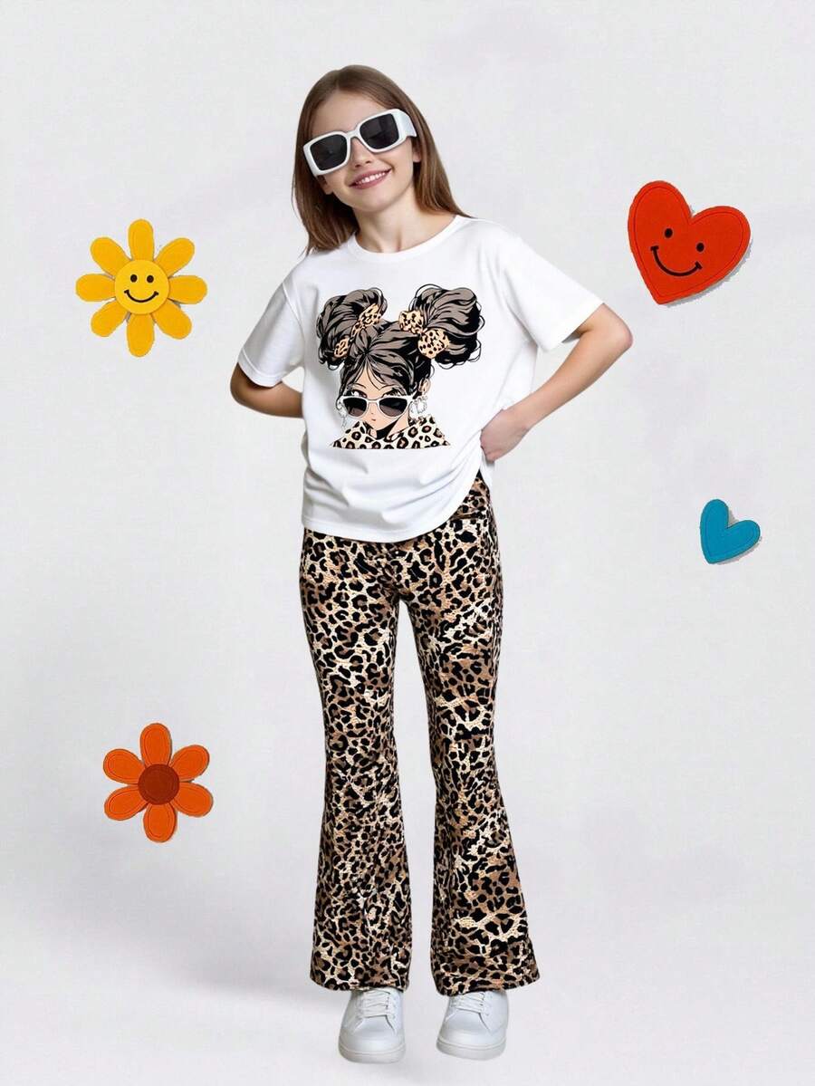 GraphicGems 2pcs/Set Tween Girls Leopard Print Short Sleeve T-Shirt And Pants - Multicolor - View 1