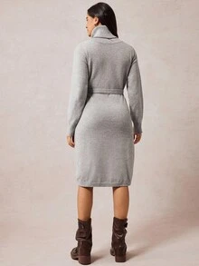 SHEIN Gaun Sweater Hamil Lengan Panjang Elegan Kerah Tinggi Warna Polos dengan Detail Lipatan di Bagian Depan, Gaya Vintage - Grey - View 2