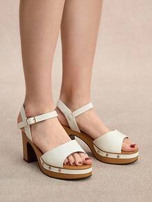 Styleloop Women's Round Toe Chunky Heel Wood Grain Sole High Heeled Sandals, Boho Style, Summer Wear - White - View 4