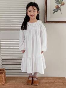 Dazy Kids Young Girl Fashionable Versatile Solid Color Ruffle Hem Dress, Autumn - White - View 3