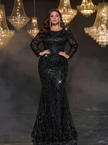 Glamrae Plus Size Black Elegant Formal Evening Dress,Spring Sequin Embroidery Beading Nail Diamond Round Neck See-Through Long Sleeve Slim Fishtail Gown - Black - View 7
