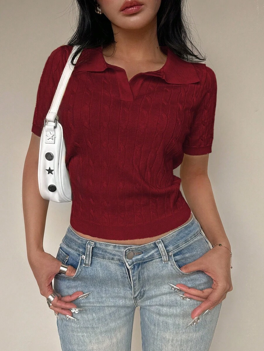 Flirla 女式扭绳马球领麻花图案短袖休闲针织上衣 - 酒紅色 - 查看 1