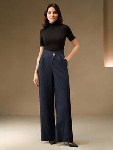 Anewsta Pantalones elegantes de vestir de pierna ancha con pliegues y botones de metal de unicolor para mujer