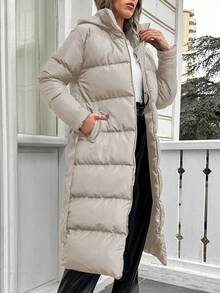 EURMUSE 女士纯色长袖连帽休闲棉服外套，冬季 - 駝色 - 查看 4