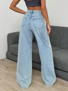 SHEIN Cottnline High Waist Light Wash Wide Leg Jean - Light Wash - View 2