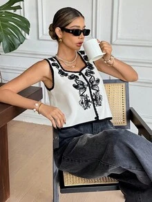 SHEIN Frenchy Women's Elegant White Floral Embroidered Sweater Vest,Contrast Trim Button Front Casual Knit Top For Autumn,Brunch,Party,Christmas & Winter,Chic - Apricot - View 8