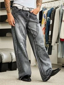 Manfinity Roghcode Jeans casual lavati neri a gamba larga e taglio dritto, effetto vissuto, per primavera/estate - nero - Visualizzare 4