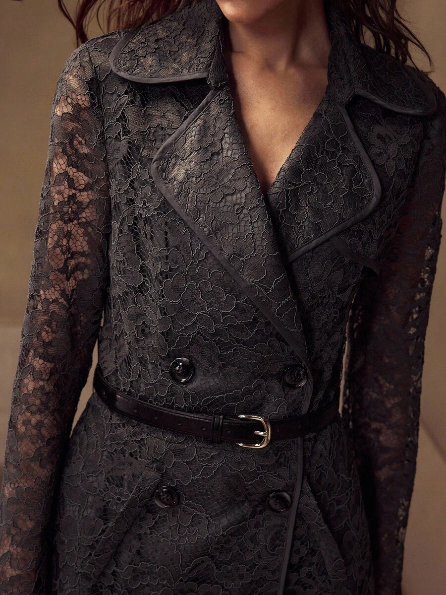 MOTF DOUBLE-BREASTED CONTRAST LACE TRENCH COAT - Grey - View 2
