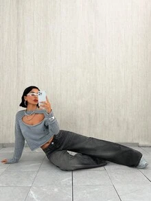 WOMEN LOOSE LOW WAIST WIDELEG GREY DENIM JEAN - Grey - View 5