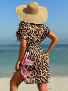 Swim Lushoire 2025 Women Leopard & Floral Print Short Sleeve Loose Dress, Summer Vacation