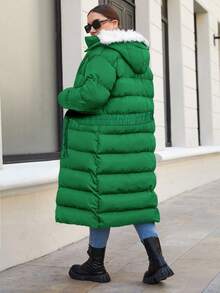 RueChic Rozmiar Plus Puszysta lamówka  Suwak Z Kapturem Płaszcz puchowy