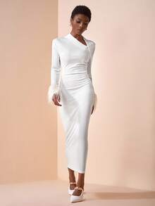 Zivah 2025 Autumn New Music Festival, Easter, St. Patrick's Day, Western, Nomadic, Birthday Party, Graduation, College Style, Student Wear, Daily Casual, All-Match Versatile, Leisure, Cruise Travel, Beach, Sunbathing, Viral , Streetwear, Wedding Guest Boho, Commute, Brunch, Airport, Asymmetric Design White Long Textured Glossy Feather Sleeve Patchwork Long Sleeve White Dress - White - View 4