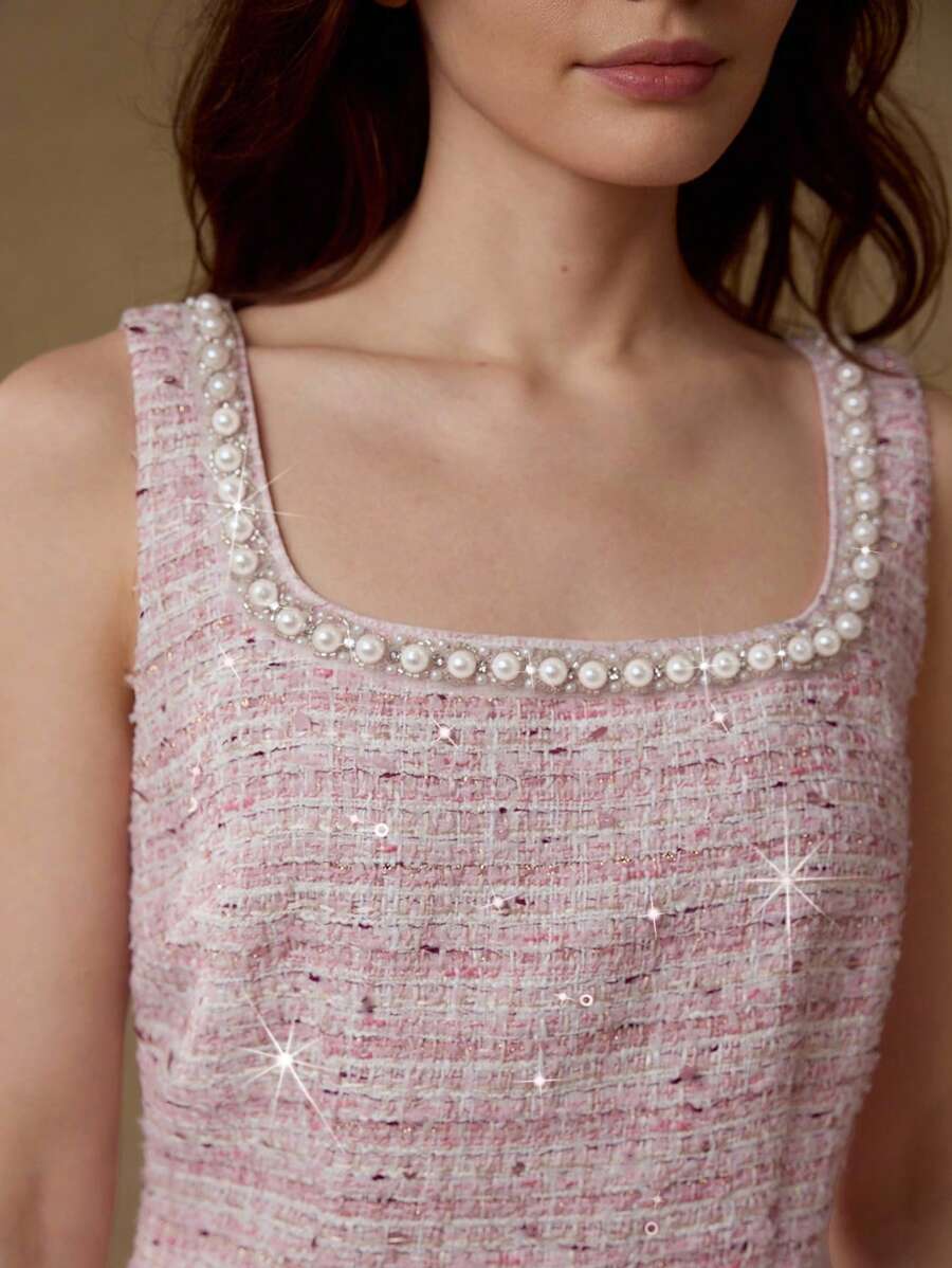 MOTF PREMIUM TWEED FAUX PEARL TRIM MINI DRESS - Pink - View 2