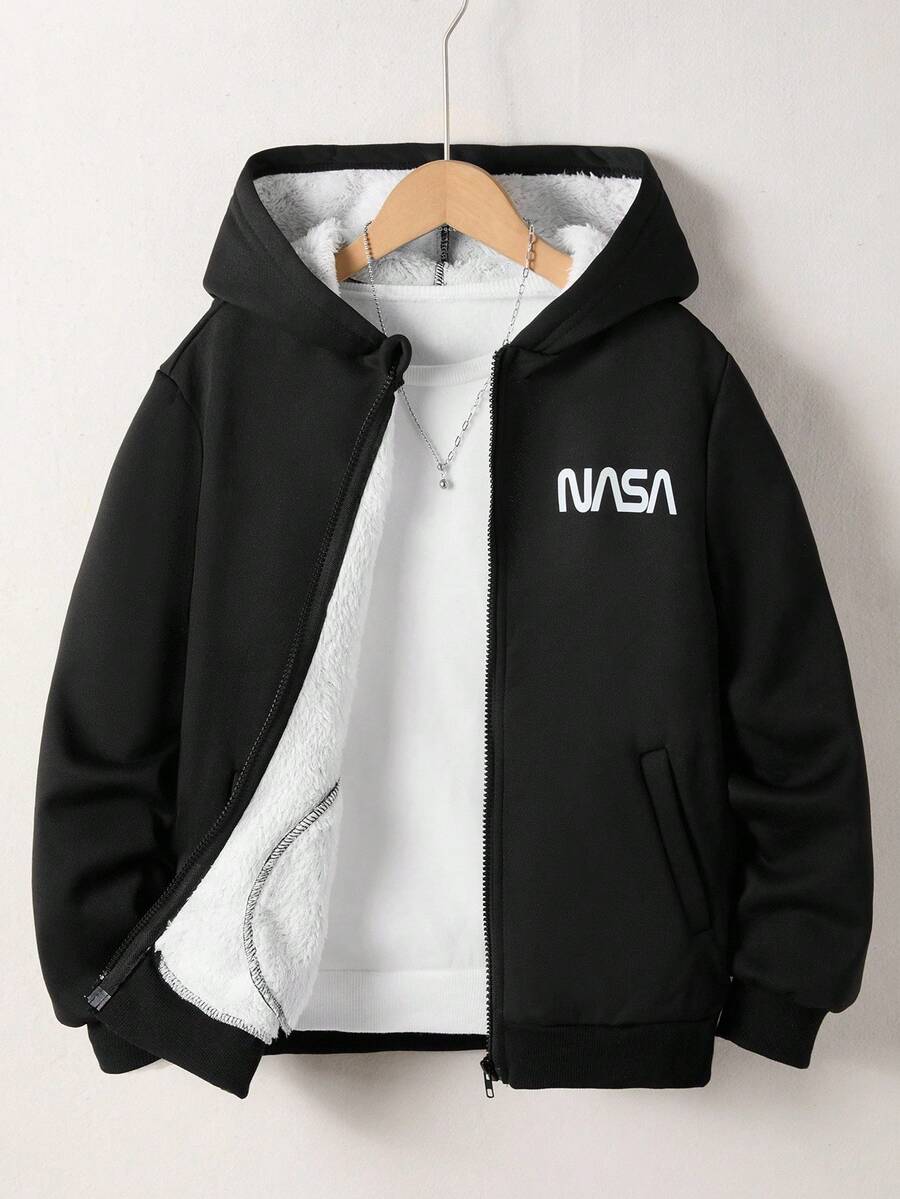 男童休闲学院风印花连帽抓绒外套，适合秋冬季日常穿着、通勤和上学穿着。 - 黑色 - 查看 1