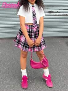 SHEIN Explorewe 2 件套青少年女孩甜美宽松设计领衬衫配领带和全身印花格子褶皱迷你裙套装，适合日常、休闲、度假、聚会