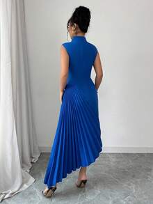 Elenzga 女士优雅时尚通勤休闲度假连衣裙，无袖不对称领腰部合身不对称褶皱下摆拼接纯色