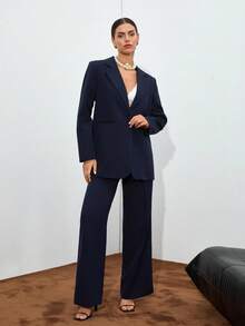 EURMUSE Conjunto de terno elegante feminino azul marinho com botões frontais e detalhes de pernas largas - Azul marinho - Ver 3