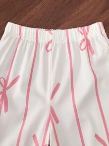 Young Girl Cute Ruffle Hem Asymmetrical Hem & Bow Print Casual Pants Set Pink Bow Pants