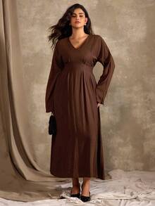 Flirla Women's Elegant Vintage V-Neck Ruffle A-Line Long Sleeve Midi Dress, Formal Office Commute Casual Vacation Afternoon Tea, Retro Teacher Middle Eastern Style Solid Color Fall Cloth For Women