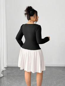 Elenzga Never Out Of Style: Gothic Prep With A Wednesday Twist. Embrace Your Inner Shadow Dark Feminine Fashion. Plus Size Women's Knitted Long Sleeve Plus Size Collar Bubble Bead Decor Vintage Elegant Pleated Midi Dress Fall Cloth For Women - Multicolor - View 2