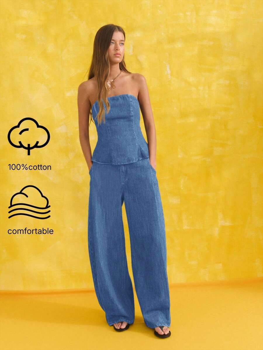 Nöista 女士夏季休闲牛仔抹胸 - 中等水洗藍 - 查看 1