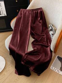 Franclia Plus Size Satin Drawstring Tie Waist Straight Leg Pants Fall Cloth For Women Elastic Waist Pants Silk Pants Harem Pants Women Women Wide Leg Pants Palazzo Pants Women - Burgundy - View 5