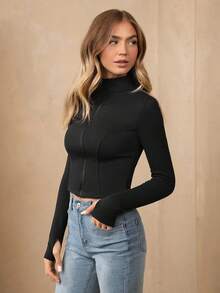 Wildy Stand Collar Elastic Fleece Fitted Tight Yoga Jacket, Women Sun Protection Athletic Coat