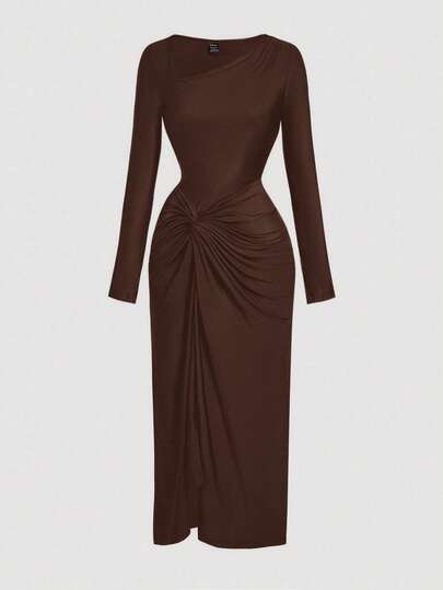 SHEIN MOD Women's Elegant Solid Color Asymmetrical Neckline Ruched Twist Long Dress, Wedding Guest Dress Women, Spring/Summer Dress, Long Party Dresses, Beach Dress, Elegant Dresses For Women, Summer Vacation Outfits, Casual Dresses For Women, Brown Dress, Cocktail Dress