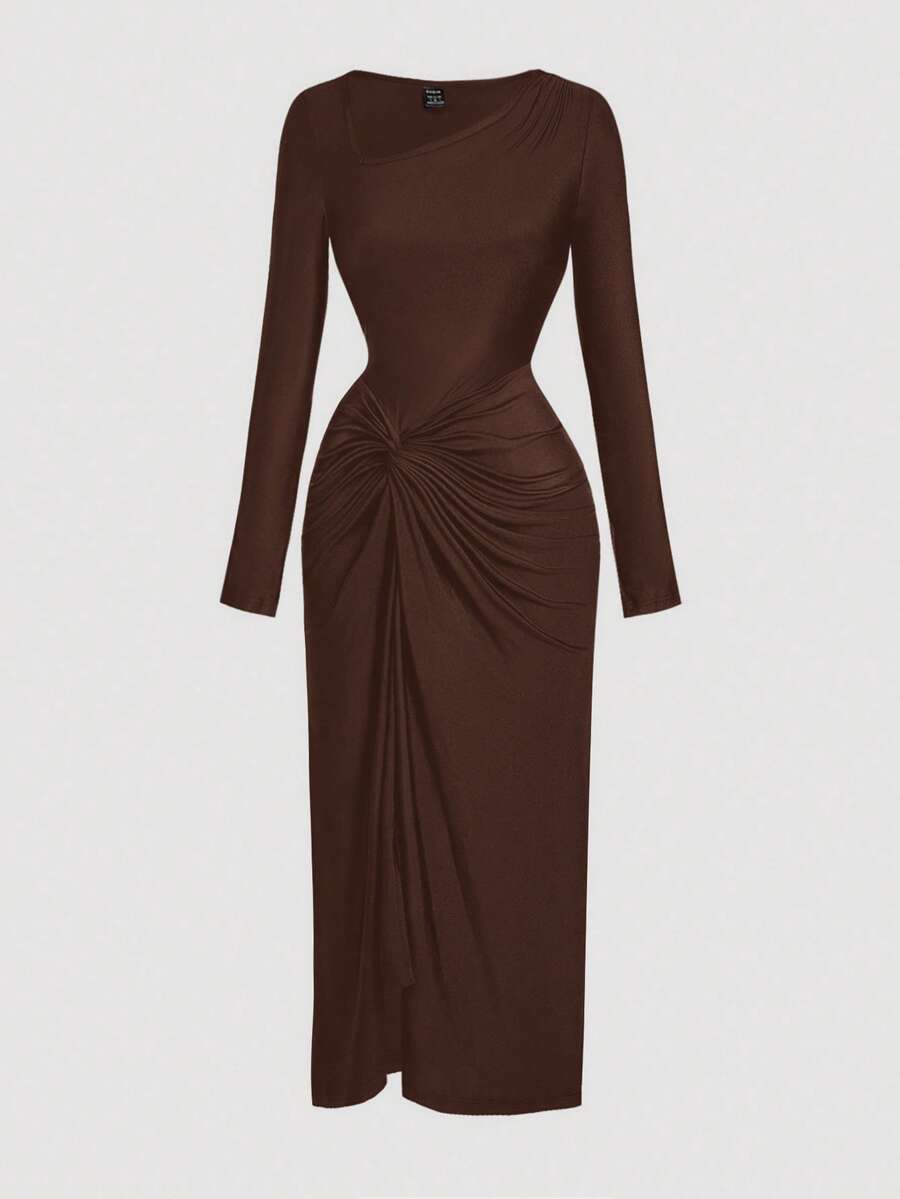 SHEIN MOD Women's Elegant Solid Color Asymmetrical Neckline Ruched Twist Long Dress,Fall,Fall Wedding Guest Brown Dress,Wedding Guest Dress Women