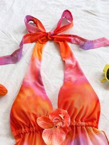 SHEIN x Eduarda Gutierrez Soleia 2件套女士扎染花卉装饰露背上衣和百褶裙套装 - 彩色 - 查看 5