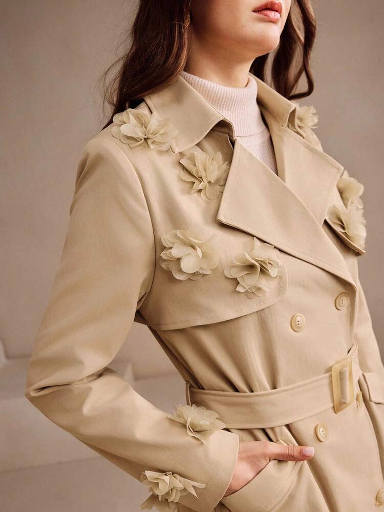 Women's Elegant Autumn/Winter Long Casual Khaki High-End Floral Handmade Flower Double-Breasted Cinched Waist Waist Trench Coat, Suitable For Fall, Winter, Going Out, Elegant, Formal, Party, Chic