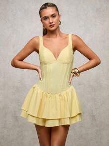 SHEIN BAE Đầm ngắn không tay cổ tim bèo nhún thời trang màu trơn dành cho nữ - Màu vàng - Xem 4