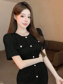 DAZY Women's Elegant Solid Color Front Button Fitted Dress, Summer - Black - View 5