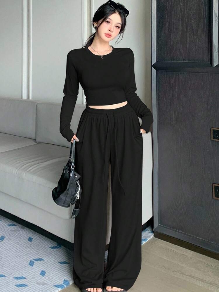 2pcs Women Casual Solid Color Fitted Sports Outfit, Cropped Top And Straight Leg Pants Set, Autumn Lounge Sets For Women