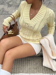 SHEIN Unity Casual Versatile Solid Color Hollow Out Knit Slim Fit Sweater Fall Winter Cloth For Women - Yellow - View 5