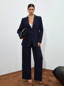 EURMUSE Conjunto de terno elegante feminino azul marinho com botões frontais e detalhes de pernas largas - Azul marinho - Ver 1