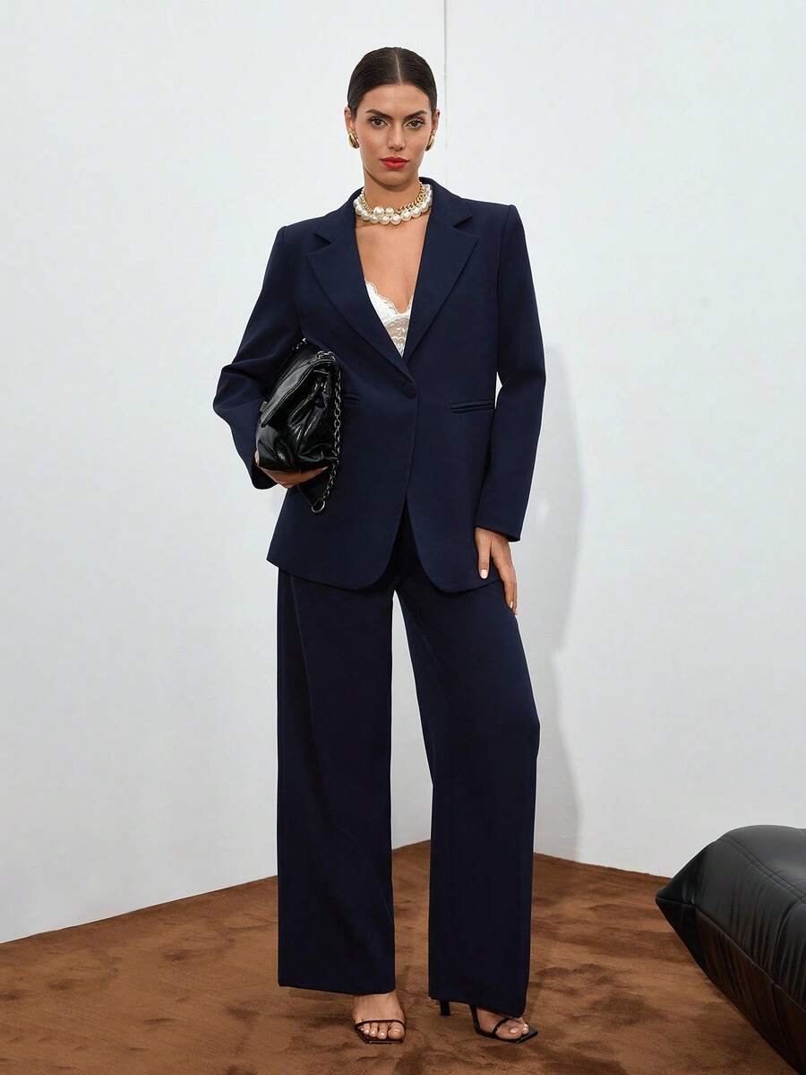 EURMUSE Conjunto de terno elegante feminino azul marinho com botões frontais e detalhes de pernas largas - Azul marinho - Ver 1