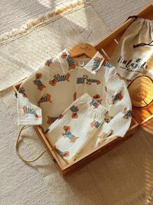 Vintaside Kids 1 Conjunto de camisa de manga larga con cuello y pantalones cómodos para niño pequeño, versátil para acampar, usar en casa, adecuado para la temporada de otoño, práctico y de moda para el tiempo libre al aire libre o en casa - Albaricoque - Ver 3