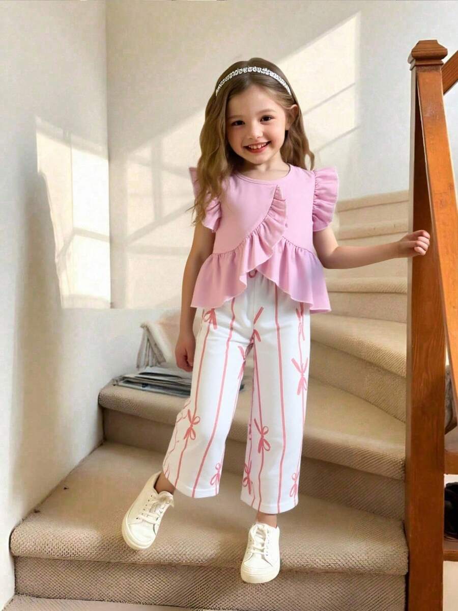 Young Girl Cute Ruffle Hem Asymmetrical Hem & Bow Print Casual Pants Set Pink Bow Pants