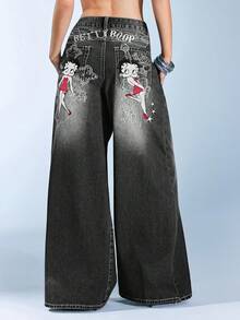 Betty Boop | ROMWE Pattern Embroidered With Gothic Cross & Vine Rose Distressed Wash Oversized Straight Leg Extra Long Y2K Jeans - Black - View 11