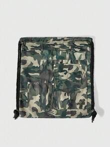 ROMWE Grunge Punk Mochila con cordón de cierre, de gran capacidad y de patrón de camuflaje vintage, versátil y casual, adecuada para ir al trabajo, actividades sociales y compras - Verde - Ver 3