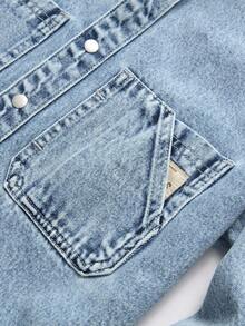 Manfinity Hypemode 男士休闲街头风格贴袋蓝色牛仔衬衫，秋季 - 淺色水洗藍 - 查看 4