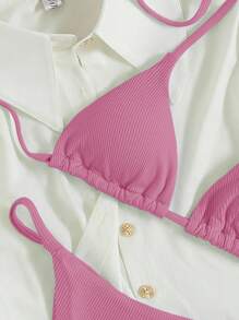 Swim Basics Summer Beach Women's Plain Simple Halter Strap Separated Bikini Set - Rusty Rose - View 4