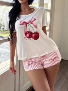 SHEIN Conjunto de pijama para mujer con top de manga corta con estampado de lazo y cereza, y shorts a rayas - Blanco - Ver 6