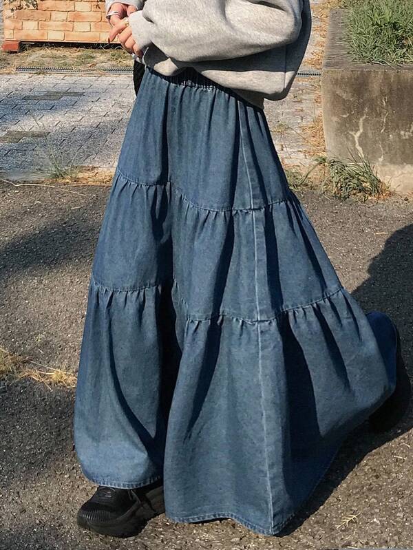 FRIFUL Women's Solid Color Elastic Waist Ruffle Hem Long Denim Skirt