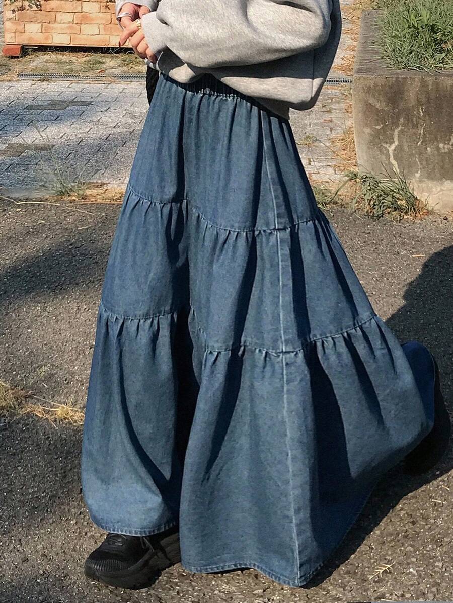 FRIFUL 女士纯色弹力腰荷叶边长款牛仔裙 - 藍色 - 查看 1