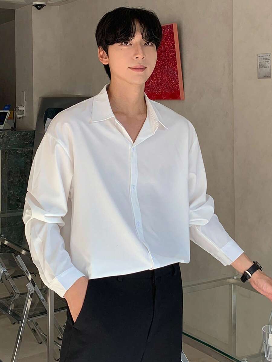 DAZY 男士纯色纽扣前开襟衬衫 长袖男士衬衫 秋冬 - 白色 - 查看 1