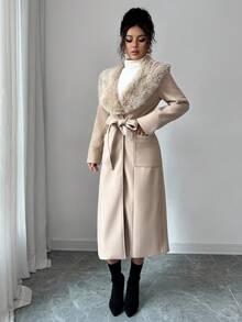 Elenzga 女式优雅狐狸装饰收腰长袖外套，秋冬 - 咖啡棕 - 查看 4