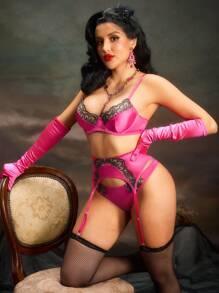 SHEIN Bộ áo ngực có gọng thêu gợi cảm dành cho nữ - Màu Hồng Tươi - Xem 3